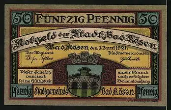 Notgeld Bad Kösen 1921, 50 Pfennig, Zwei Männer in Uniform, Deutsche Reichsflagge