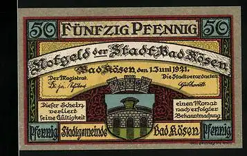 Notgeld Bad Kösen 1921, 50 Pfennig, Zwei Männer in Uniform, einer mit Reichsflagge