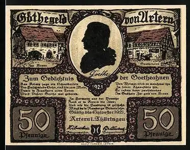 Notgeld Artern i. Thüringen 1921, 50 Pfennig, Gasthaus Zur Krone, Goethehaus, Goethe`s Silhouette
