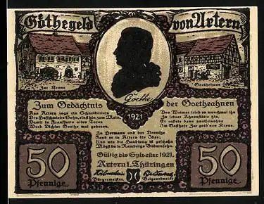 Notgeld Artern i. Thüringen 1921, 50 Pfennig, Goethe`s Silhouette, Mann und Frau sitzen an offener Tür