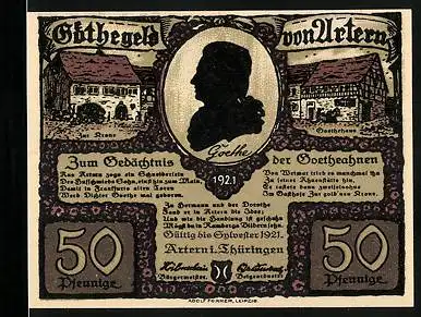 Notgeld Artern i. Thüringen 1921, 50 Pfennig, Goethe`s Silhouette, junges Paar an einem Brunnen