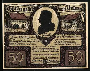 Notgeld Artern i. Thüringen 1921, 50 Pfennig, Goethehaus, junges Paar beim Picknick