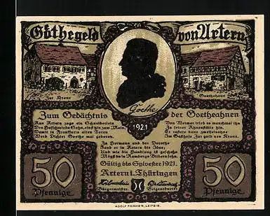 Notgeld Artern i. Thüringen 1921, 50 Pfennig, Goethehaus, junges Paar unter einem Baum