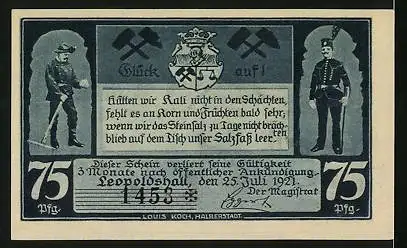 Notgeld Leopoldshall 1921, 75 Pfennig, Hängebank der Kali- und Steinsalzgewinnung, Bergmänner in Tracht