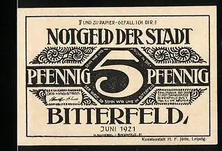 Notgeld Bitterfeld 1921, 5 Pfennig, Sehn wir uns nicht in dieser Welt, so sehn wir uns in Bitterfeld