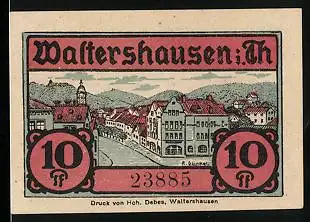 Notgeld Waltershausen i. Th. 1921, 10 Pfennig, Ortsansicht, Puppe, Pfeifen, Metzgereierzeugnisse