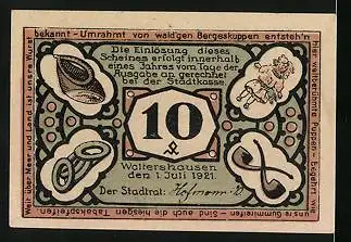 Notgeld Waltershausen i. Th. 1921, 10 Pfennig, Ortsansicht, Puppe, Pfeifen, Metzgereierzeugnisse