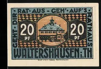 Notgeld Waltershausen i. Th. 1921, 20 Pfennig, Blick auf das Rathaus, Wappen