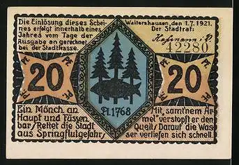 Notgeld Waltershausen i. Th. 1921, 20 Pfennig, Blick auf das Rathaus, Wappen