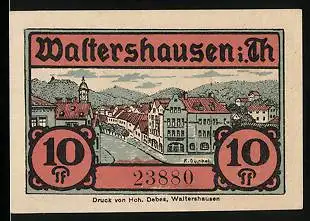 Notgeld Waltershausen i. Th. 1921, 10 Pfennig, Ortspartie mit Strasse, Pfeifen, Metzgereierzeugnisse