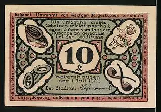 Notgeld Waltershausen i. Th. 1921, 10 Pfennig, Ortspartie mit Strasse, Pfeifen, Metzgereierzeugnisse