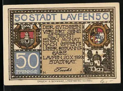 Notgeld Laufen 1920, 50 Pfennig, Flusspanorama mit Kirche