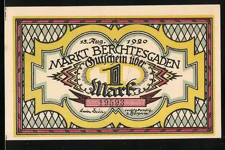 Notgeld Berchtesgaden 1920, 1 Mark, Mann und Frau im Sonntagsstaat 1820