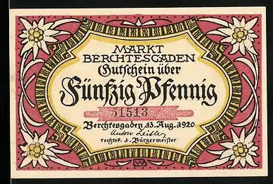 Notgeld Berchtesgaden 1920, 50 Pfennig, Blick über einen Bergsee