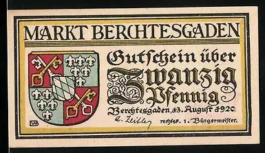 Notgeld Berchtesgaden 1920, 20 Pfennig, Wappen und Berglandschaft