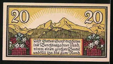 Notgeld Berchtesgaden 1920, 20 Pfennig, Wappen und Berglandschaft