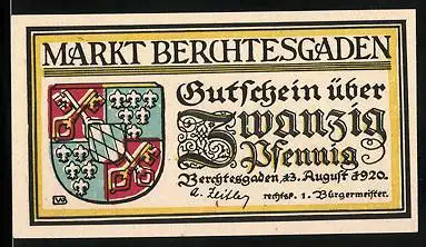Notgeld Berchtesgaden 1920, 20 Pfennig, Berglandschaft und Wappen
