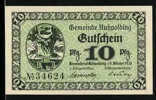 Notgeld Ruhpolding 1920, 10 Pfennig, Heraldische Symbole an einem Baum