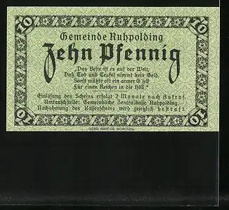 Notgeld Ruhpolding 1920, 10 Pfennig, Heraldische Symbole an einem Baum