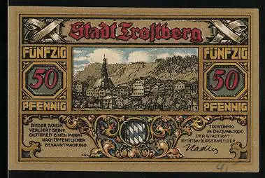 Notgeld Trostberg 1920, 50 Pfennig, Ortsansicht mit Kirche gegen Hügel