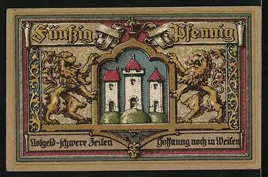 Notgeld Trostberg 1920, 50 Pfennig, Ortsansicht mit Kirche gegen Hügel