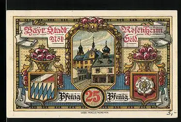 Notgeld Rosenheim 1921, 25 Pfennig, Rathaus, Kind mit Rosen, Ortsansicht gegen Berge