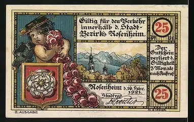 Notgeld Rosenheim 1921, 25 Pfennig, Rathaus, Kind mit Rosen, Ortsansicht gegen Berge