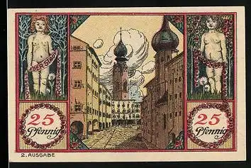 Notgeld Rosenheim 1921, 25 Pfennig, Strassenpartie mit Blick auf die Kirche, Säulengang