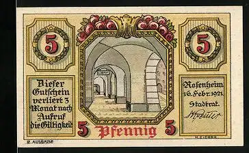 Notgeld Rosenheim 1921, 5 Pfennig, Säulengang und Stadtwappen