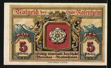 Notgeld Rosenheim 1921, 5 Pfennig, Säulengang und Stadtwappen