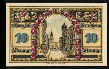 Notgeld Rosenheim 1921, 10 Pfennig, Strassenpartie mit zwei Türmen, Stadt- und Landeswappen