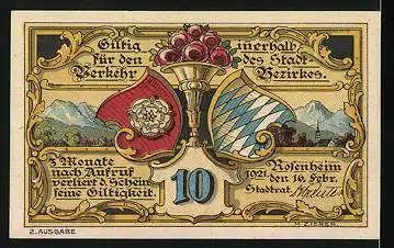 Notgeld Rosenheim 1921, 10 Pfennig, Strassenpartie mit zwei Türmen, Stadt- und Landeswappen