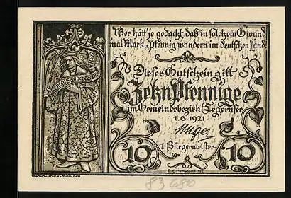 Notgeld Tegernsee 1921, 10 Pfennig, Ortsansicht mit See und den Bergen, heiliger Patron