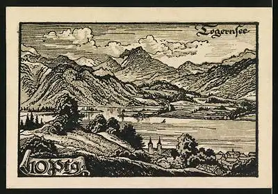 Notgeld Tegernsee 1921, 10 Pfennig, Ortsansicht mit See und den Bergen, heiliger Patron