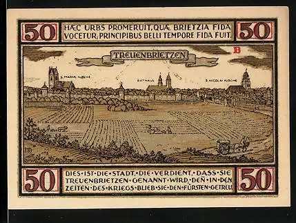 Notgeld Treuenbrietzen 1921, 50 Pfennig, Gesamtansicht mit S. Maria Kirche, Rathaus und S. Nicolaikirche