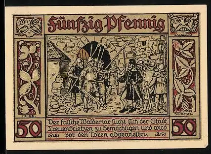 Notgeld Treuenbrietzen 1921, 50 Pfennig, Der falsche Waldemar versucht die Stadt einzunehmen
