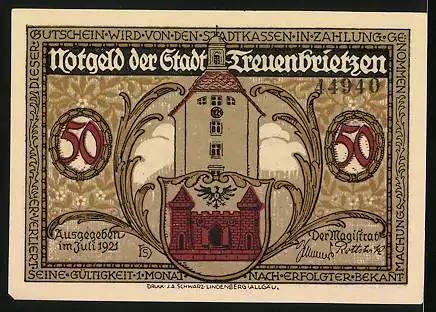 Notgeld Treuenbrietzen 1921, 50 Pfennig, Der falsche Waldemar versucht die Stadt einzunehmen