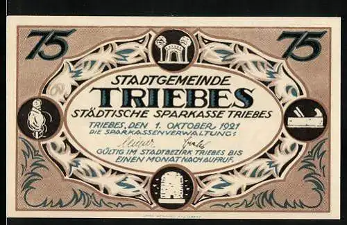 Notgeld Triebes 1921, 75 Pfennig, Zur Industrie- und Gewerbe-Ausstellung