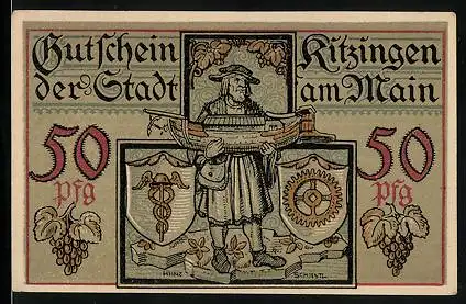 Notgeld Kitzingen am Main 1921, 50 Pfennig, Mann mit einer Galeere