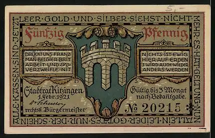 Notgeld Kitzingen am Main 1921, 50 Pfennig, Mann mit einer Galeere
