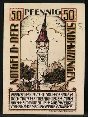 Notgeld Kitzingen am Main 1921, 50 Pfennig, Turmbau mit Weinmörtel, Weinseeliger Turm