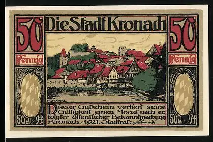 Notgeld Kronach 1921, 50 Pfennig, Ortsansicht am Wasser