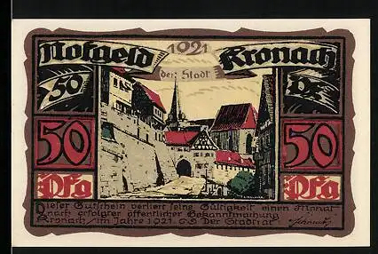 Notgeld Kronach 1921, 50 Pfennig, Ortspartie an Befestigungsmauer