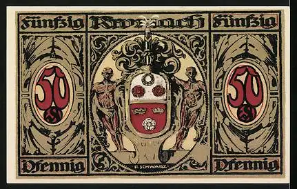 Notgeld Kronach 1921, 50 Pfennig, Ortspartie an Befestigungsmauer