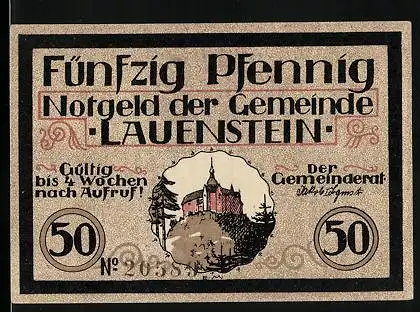 Notgeld Lauenstein, 50 Pfennig, Bauer und Ritter, Kapelle auf einem Hügel