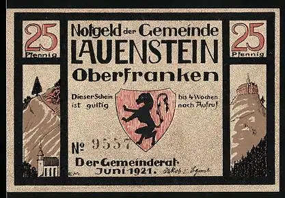 Notgeld Lauenstein 1921, 25 Pfennig, Wappen und Kloster