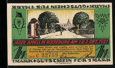 Notgeld Bückeburg 1921, 1 Mark, Jäger-Appell 1921, Weg zum Schloss