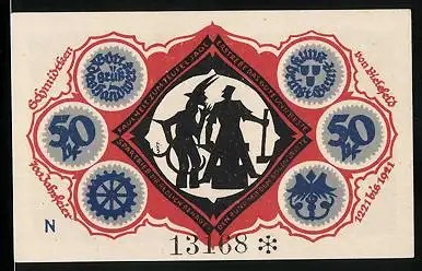 Notgeld Bielefeld 1921, 50 Pfennig, 700-Jahrfeier 1221-1921, Schmied und Teufel führen Unterhaltung