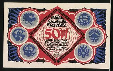 Notgeld Bielefeld 1921, 50 Pfennig, 700-Jahrfeier 1221-1921, Schmied und Teufel führen Unterhaltung