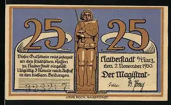 Notgeld Halberstadt a. Harz 1920, 25 Pfennig, Krieger, Ortspartie, Wappen